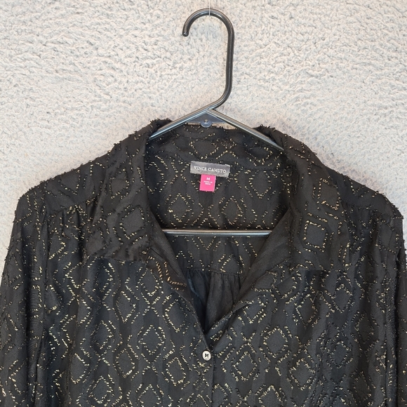 Vince Camuto Women's Blouse Sz M Black Burnout With Sparkle Gold Front Button - Picture 2 of 11